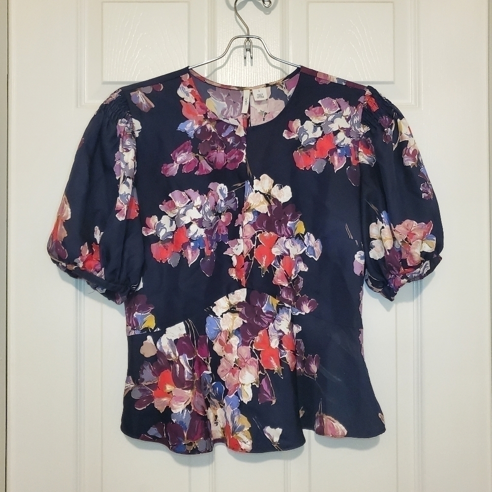 LEWIT Puffed Sleeve Silk Floral Print Top Sz S